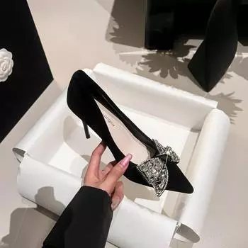 Новые черные женские туфли-лодочки со стразами и бантом, роскошные банкетные туфли, сексуальные туфли на высоком каблуке, женские туфли на шпильках, туфли для вечеринок, размер плюс 43 35