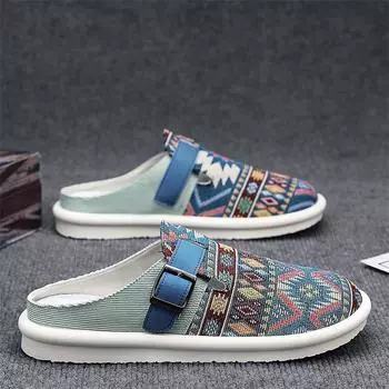 Новые четырехсезонные мужские тапочки из дышащей ткани, подходящей по цвету, на плоской подошве, повседневные, с сумкой на голову, полутапочки 39