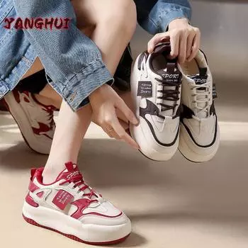 Новые цветные женские туфли с завязками и круглым носком, белые, на толстой подошве, повседневные, универсальные, модные, нескользящие, теннисные туфли 35 красный