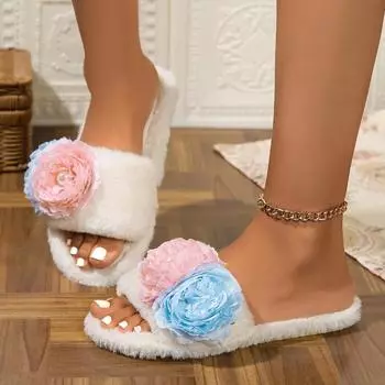 Новые цветочные женские домашние хлопковые тапочки теплые туфли на плоской подошве зима 2024 новые модные повседневные короткие плюшевые удобные тапочки 36-37 белый