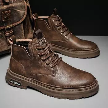 Новые деловые ботинки на плоской подошве для мужчин, повседневные дизайнерские туфли на шнуровке, модные кожаные ботинки, зимние нескользящие ботинки с высоким верхом 39 чёрный