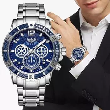 Новые деловые часы LIGE для мужчин, кварцевые наручные часы из нержавеющей стали, водостойкий хронограф, светящиеся спортивные наручные часы