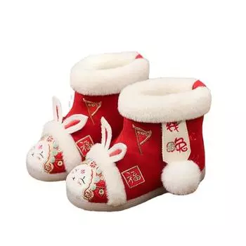 Новые деньги кролик как парча ханьфу обувь девушки хлопковые сапоги вышитые туфли детская тканевая обувь новый год 25 красный
