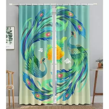 Новые дешевые розовые цветы, рыбы, зеленые павлины, занавески для спальни, окна отеля, 2 панели, высокие затенения, новые модные различные цветовые узоры W55 X H120cm X 2&HOOK