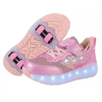 Новые детские беговые туфли для девочек и мальчиков, светящиеся крылья, четырехколесные роликовые коньки для студентов 29