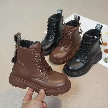 Новые детские ботинки Martin на осень и зиму, одинарные ботинки, короткие замшевые ботинки для мальчиков, теплые кожаные ботинки на мягкой подошве для девочек 26 чёрный