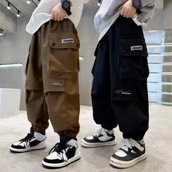 Новые детские брюки, свободные прямые рабочие брюки большого размера, повседневные брюки для мальчиков с завязками 120 чёрный