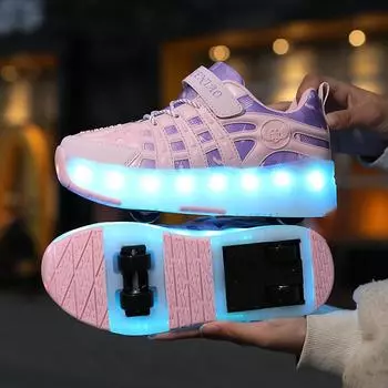 Новые детские четырехколесные беговые туфли с выдвижными автоматическими колесиками, спортивная обувь с зарядкой через USB, светодиодная светящаяся обувь 29