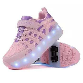 Новые детские четырехколесные беговые туфли с выдвижными автоматическими колесиками, спортивная обувь с зарядкой через USB, светодиодная светящаяся обувь 29