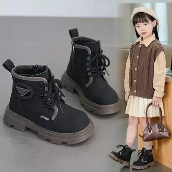 Новые детские кожаные сапоги, бархатные сапоги для девочек 26