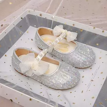 Новые детские кожаные туфли с блестками для девочек, туфли принцессы со стразами и бантом, модные детские свадебные туфли 25 бежевый