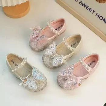 Новые детские кожаные туфли с блестками и бабочками, школьные туфли для девочек 2024 года, повседневные детские модные роскошные туфли принцессы с жемчугом на плоской подошве 23 розовый