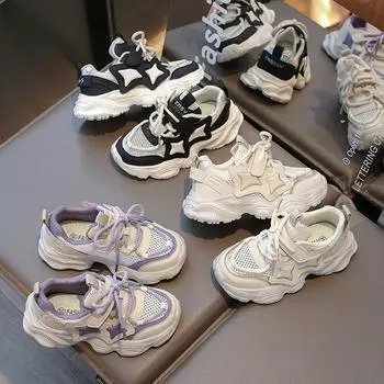 Новые детские кроссовки весна осень сетчатая спортивная обувь для девочек модные повседневные детские школьные баскетбольные кроссовки на толстой подошве нескользящие 27 чёрный