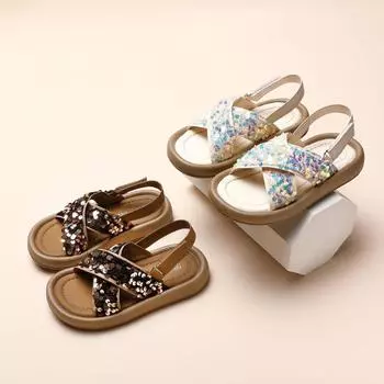 Новые детские летние сандалии 2024 года, модные сандалии для девочек с блестками, с открытым носком, универсальные детские школьные пляжные сандалии на плоской подошве, мягкая подошва 23 коричневый