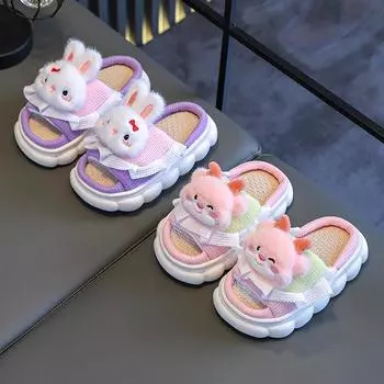 Новые детские милые льняные тапочки с изображением кролика и дракона, весенние летние тапочки для мальчиков и девочек, нескользящие шлепанцы для дома на четыре сезона 24-25