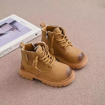 Новые детские модные ботинки, зимние утолщенные ботинки для мальчиков и девочек, нескользящие теплые кожаные ботинки, однотонные повседневные ботинки с боковой молнией 26 чёрный