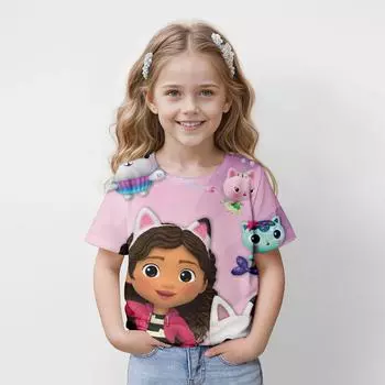Новые детские мультяшные кукольные топы Gabbys, футболки с 3D-принтом, детская повседневная одежда с коротким рукавом для девочек, спортивная уличная одежда 170
