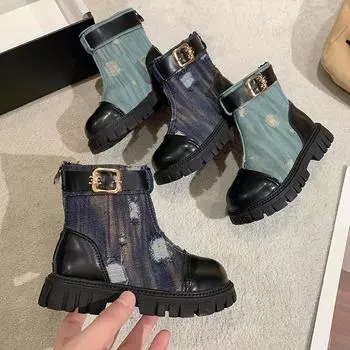 Новые детские осенние ботинки с толстой подошвой, ботильоны для девочек в стиле пэчворк, модные шикарные детские повседневные ботинки для подиума, универсальные, нескользящие 27 темно-синий