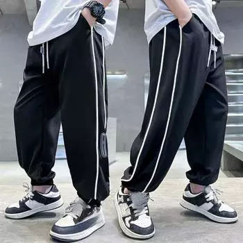 Новые детские полосатые спортивные штаны, брюки для мальчиков, летние тонкие детские брюки с защитой от комаров, летние повседневные брюки 120 чёрный