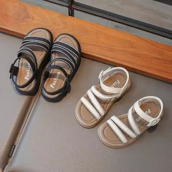 Новые детские сандалии для девочек, летние, роскошные, со стразами, с ремешком, для девочек, повседневные пляжные сандалии, модные, с толстой подошвой, детские, мягкие, римские сандалии 23 чёрный