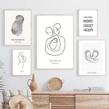 Новые детские следы, дата рождения, Баба, мама, индивидуальные настенные художественные холсты, картины, постеры и принты, декор для детской комнаты, фотографии A4 21X30cm No Framed