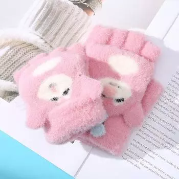 Новые детские теплые перчатки с рисунком енота, зимняя защита от холода, утолщенные, для маленькой девочки, с откидной крышкой на полпальца, на пять пальцев Recommended 3-8 years old