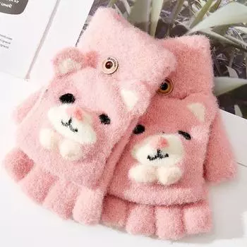 Новые детские теплые вязаные шерстяные перчатки для детей среднего и старшего возраста в возрасте от 7 до 12 лет, милые мультяшные медвежата с откидной крышкой для учащихся, пишущих one size fits all