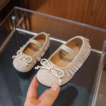 Новые детские туфли на плоской подошве 2024 года, весна-осень, детские повседневные туфли Мэри Джейн, модные однотонные универсальные туфли-бабочки для девочек, без застежек 22 бежевый