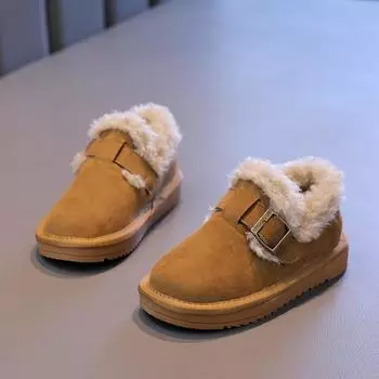 Новые детские туфли на плоской подошве, модные детские зимние хлопковые туфли в корейском стиле с мехом, повседневные универсальные плюшевые туфли для девочек на открытом воздухе с липучкой 24 коричневый