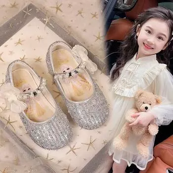 Новые детские туфли с мягкой подошвой и стразами, бантами, маленькие кожаные туфли 23 серебряный