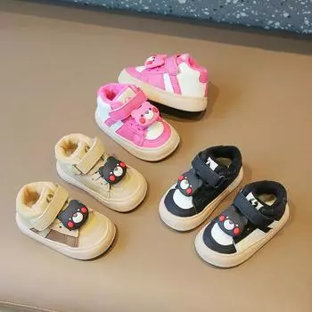 Новые детские зимние ботинки, зимние уличные кроссовки для мальчиков, плюшевые теплые ботинки для маленьких девочек, нескользящая детская повседневная обувь 16 чёрный