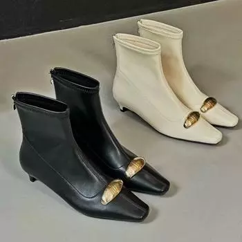 Новые дизайнерские ботильоны женские с металлической пряжкой и квадратным носком, современные женские модные короткие ботинки на низком каблуке, женские ботинки Para Mujer 35