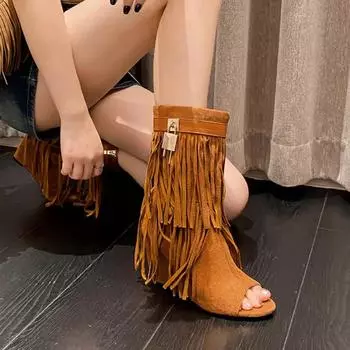 Новые дизайнерские классные босоножки на танкетке с бахромой, женские сандалии на высоком каблуке, сексуальные туфли с открытым носком, современные туфли с высоким берцем, туфли-лодочки на молнии 35 темно-коричневого