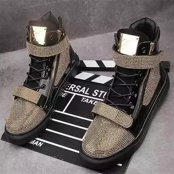 Новые дизайнерские мужские блестящие высокие кроссовки со стразами, повседневные туфли на плоской подошве, кроссовки для скейтбординга с толстой подошвой, мужская обувь 39