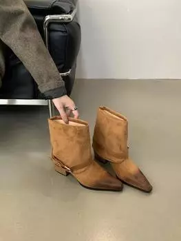 Новые дизайнерские панк-сапоги с острым носком, женские ботильоны с металлической пряжкой на ремне, женские сапоги из искусственной замши в стиле ретро-рыцаря 35