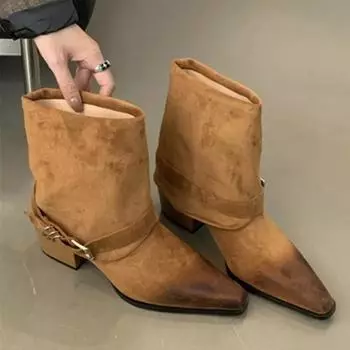 Новые дизайнерские панк-сапоги с острым носком, женские 2025 г., ботильоны с металлической пряжкой на ремне, женские сапоги из искусственной замши в стиле ретро-рыцаря 35 чёрный