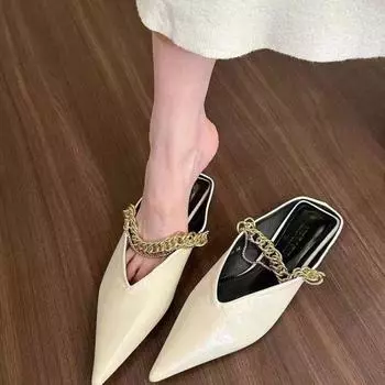 Новые дизайнерские тапочки с острым носком из зеркальной серебристой кожи, женские летние туфли с хрустальной тесьмой, уличные шлепанцы, сандалии на низком каблуке 35 бежевый