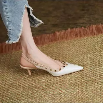 Новые дизайнерские женские босоножки с заклепками и острым носком, кожаные туфли на среднем каблуке, синие босоножки со змеиным узором 35 бежевый