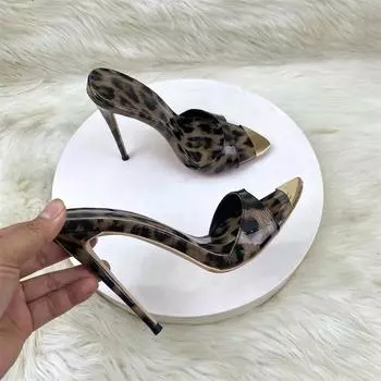 Новые дизайнерские женские туфли на высоком каблуке с открытым носком из металла 12 см, летние босоножки с леопардовым принтом, туфли на шпильке, размер 46 35