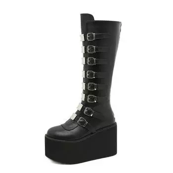 Новые длинные сапоги на каблуке 11 см, высокие сапоги с металлической пряжкой на ремне и молнией сзади, большие женские сапоги на высоком каблуке, Lhx 35 чёрный