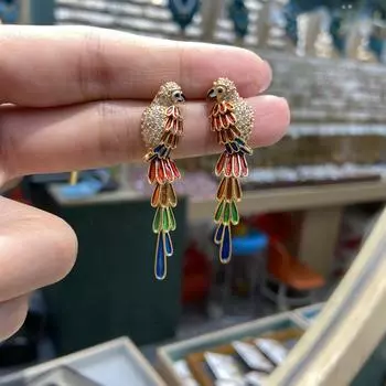 Новые длинные серьги-гвоздики в виде цветных пернатых птиц, серьги в виде попугаев, с которых капает масло, серебряные серьги-иглы Dongdaemun с инкрустацией цирконами.