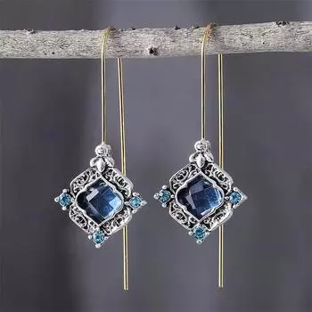 Новые длинные серьги с синим цирконом в стиле ретро