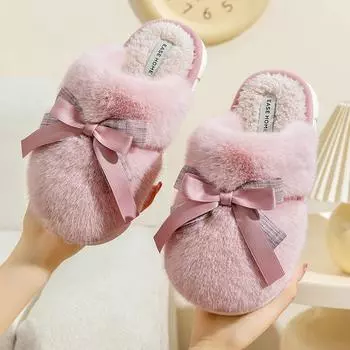 Новые домашние теплые и противоскользящие плюшевые тапочки с толстой подошвой и бантом, хлопковые тапочки для девочек и пар зимой 36-37 розовый