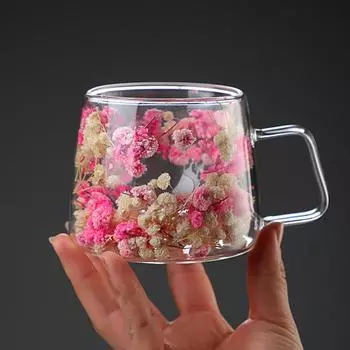 Новые двухслойные двухслойные стеклянные чашки прозрачное стекло имитация цветка кофейные кружки капучино с ручкой напитки хранение дома светло-розовый