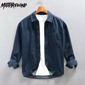 Новое поступление джинсовых рубашек для мужчин, весна и осень, молодежная уличная одежда, свободные повседневные рубашки, полосатая рубашка с длинными рукавами 4XL, модные джинсовые мужские топы M синий