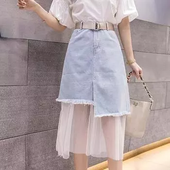 Новые джинсовые юбки с цветной сеткой, рваные края, джинсовые женские юбки нерегулярной формы, асимметричная юбка средней длины с запахом на бедрах S синий