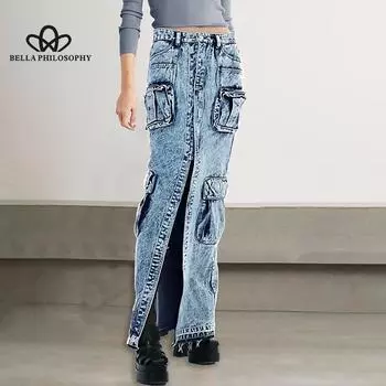 Новые джинсовые юбки с разрезом спереди, женские повседневные офисные женские длинные юбки с высокой талией, уличная одежда, синяя джинсовая юбка с необработанным краем S синий