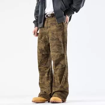 Новые джинсы и брюки в американском стиле с плиссировкой и камуфляжным принтом «водяные знаки» на весну и лето S