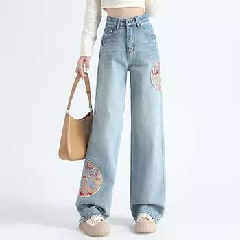Новые джинсы широкого кроя из вышитого денима в китайском стиле для женщин на весну и осень, новые свободные брюки прямого кроя с высокой посадкой, моп-брюки XS синий