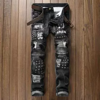 Новые европейские и американские брендовые мужские эластичные джинсы, модные плиссированные заклепки, мотоциклетные, облегающие, маленькие, прямые, для мужчин 28